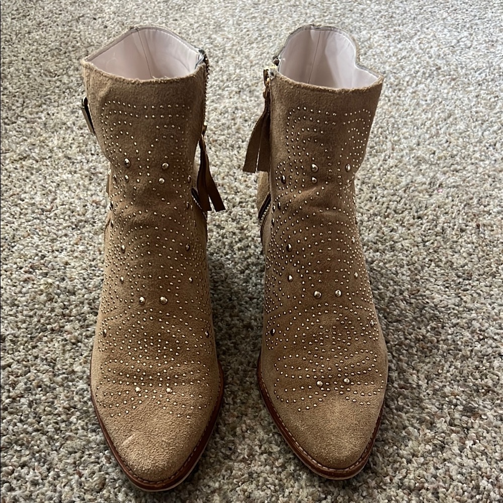 Zara Suede Gold Studded Ankle Boots - Tan